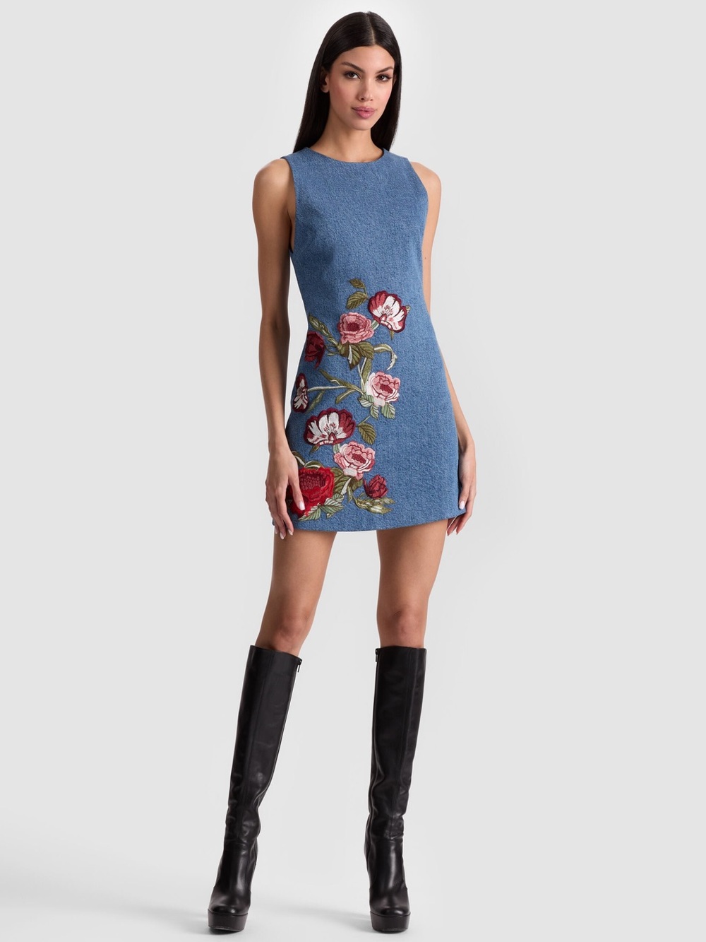 ALICE + OLIVIA CADE EMBROIDERED DENIM MINI DRESS - Picture 8 of 16